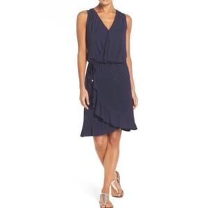 Tory Burch Jersey Knit Ruffled Hem Blue Faux Wrap Dress Gold Accents Size Large